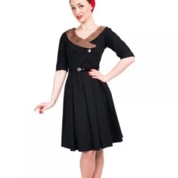 Lindy Bop Winnie Leopard Print Vamp Dress Size M New Black Fit Flare VTG Retro - Picture 1 of 11